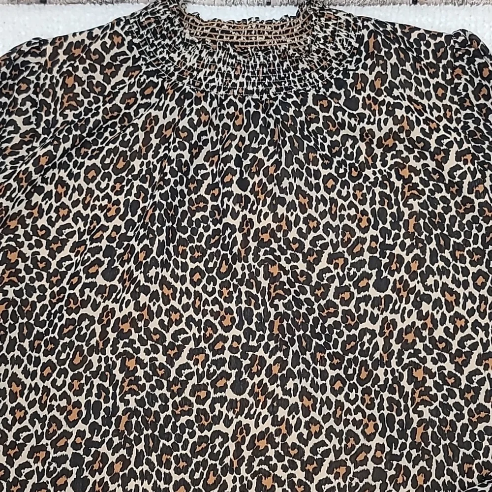 J Crew Long Sleeve Leopard Smocked Mock Neck Blouse/Shirt in Brown/Black - NWT